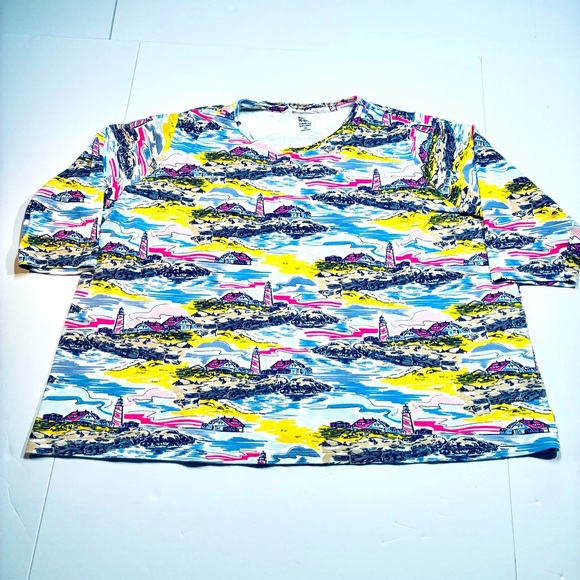 Kim Rogers Size 2X Lighthouse Knit Top Pink, Blue, Yellow 3/4 sleeves - Picture 1 of 5